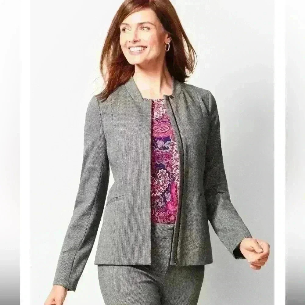 Talbots Luxe Knit Black & White Herringbone Stand Collar Zip Front Blazer